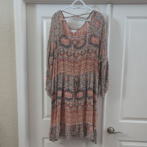 Like New: Avenue Long Sleeve Dress with Blue and Orange Patterns